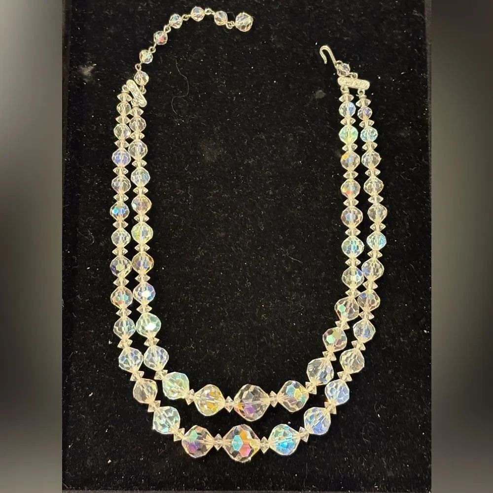 Vintage Crystal Faceted Aurora Borealis Beaded Necklace & Clip Earrings Set